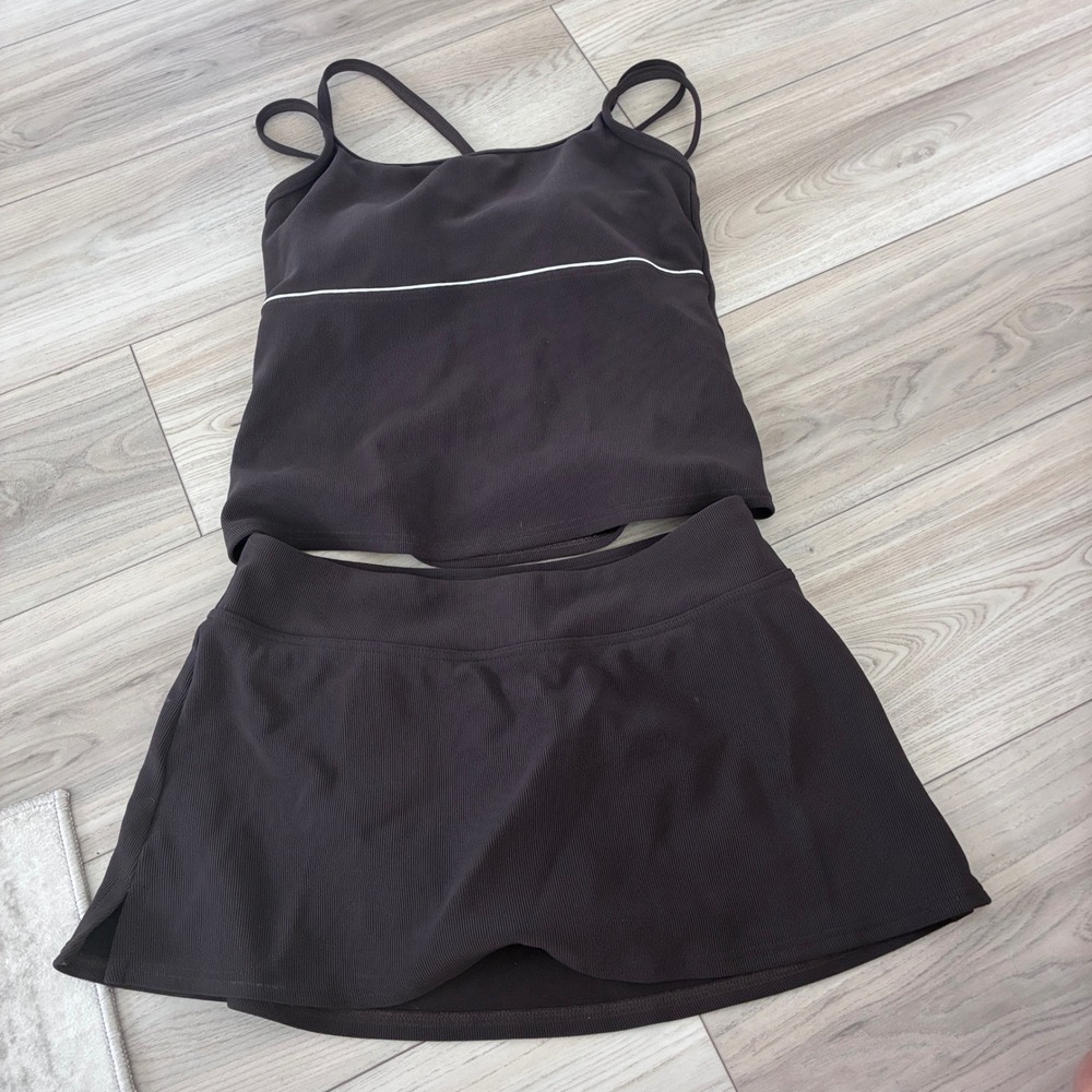 Lands End Womens Brown Ribbed Tankini Top and Swim Skirt Set Bottom 6 Top 8P